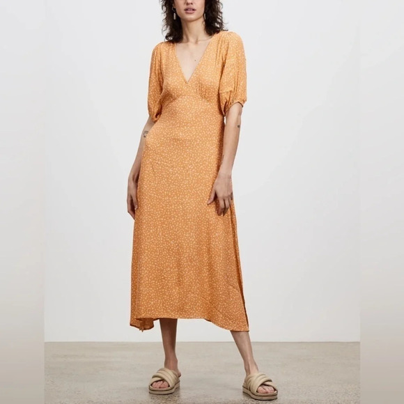 Kivari Fleur Ditsy Midi Dress Orange Rust Floral Print Tie Waist Size XS - Picture 4 of 16